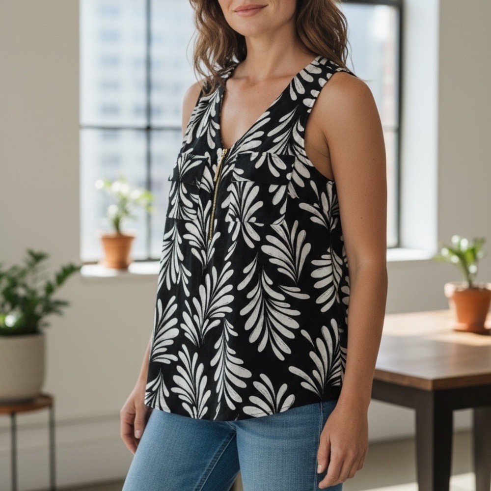 Ellen Tracy Black and White Patterned Tank Top